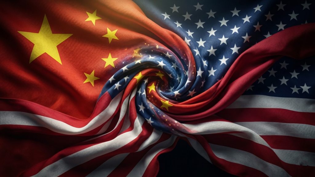 Ilustrasi bendera Amerika Serikat dan China dengan grafik geopolitik global