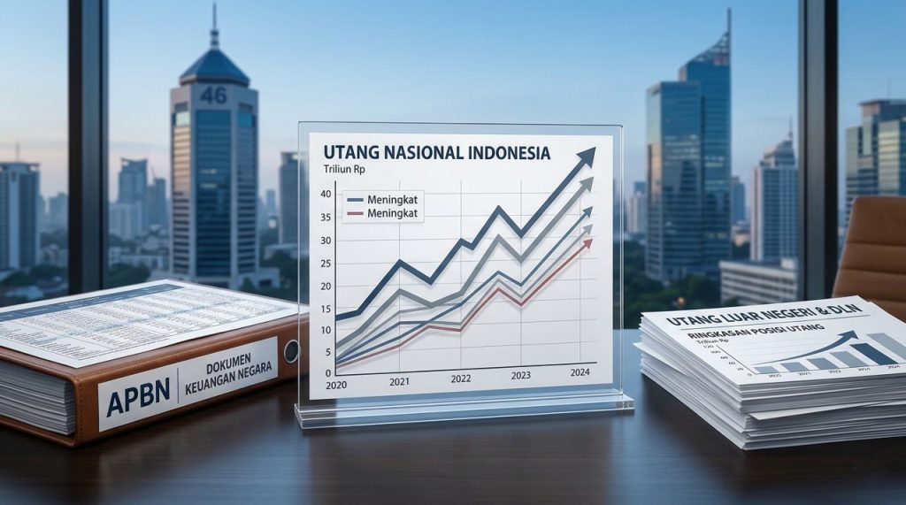 Ilustrasi beban utang Indonesia dengan grafik naik dan tekanan terhadap APBN
